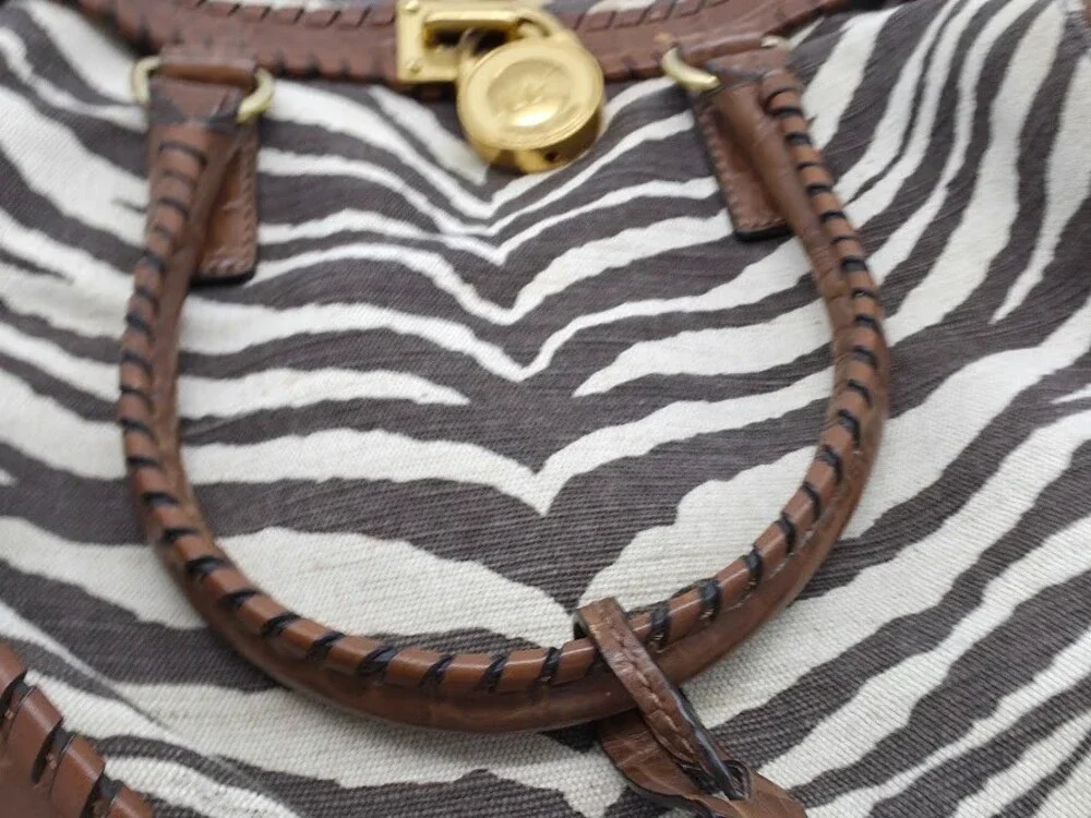 Michael Kors Hamilton Whipped Zebra Canvas Satchel Bag Brown Croc Leather Gold